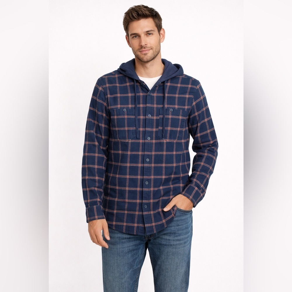 Men’s Hooded Flannel Shirt Jacket Navy Plaid Button Down Casual Layering NWT